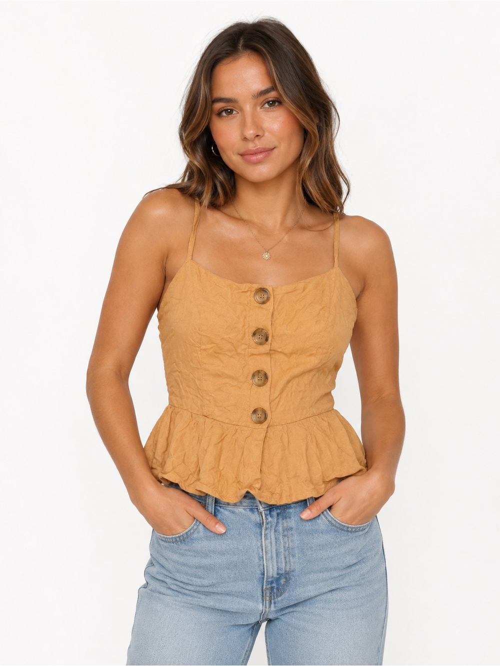 NWT Style Envy Women’s Mustard Button-Front Peplum Cami Top